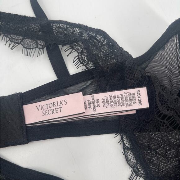 VICTORIA’S SECRET Bra Size 34C Black Lace Dream Angels Plunge Semi Lined Sexy - Picture 11 of 16